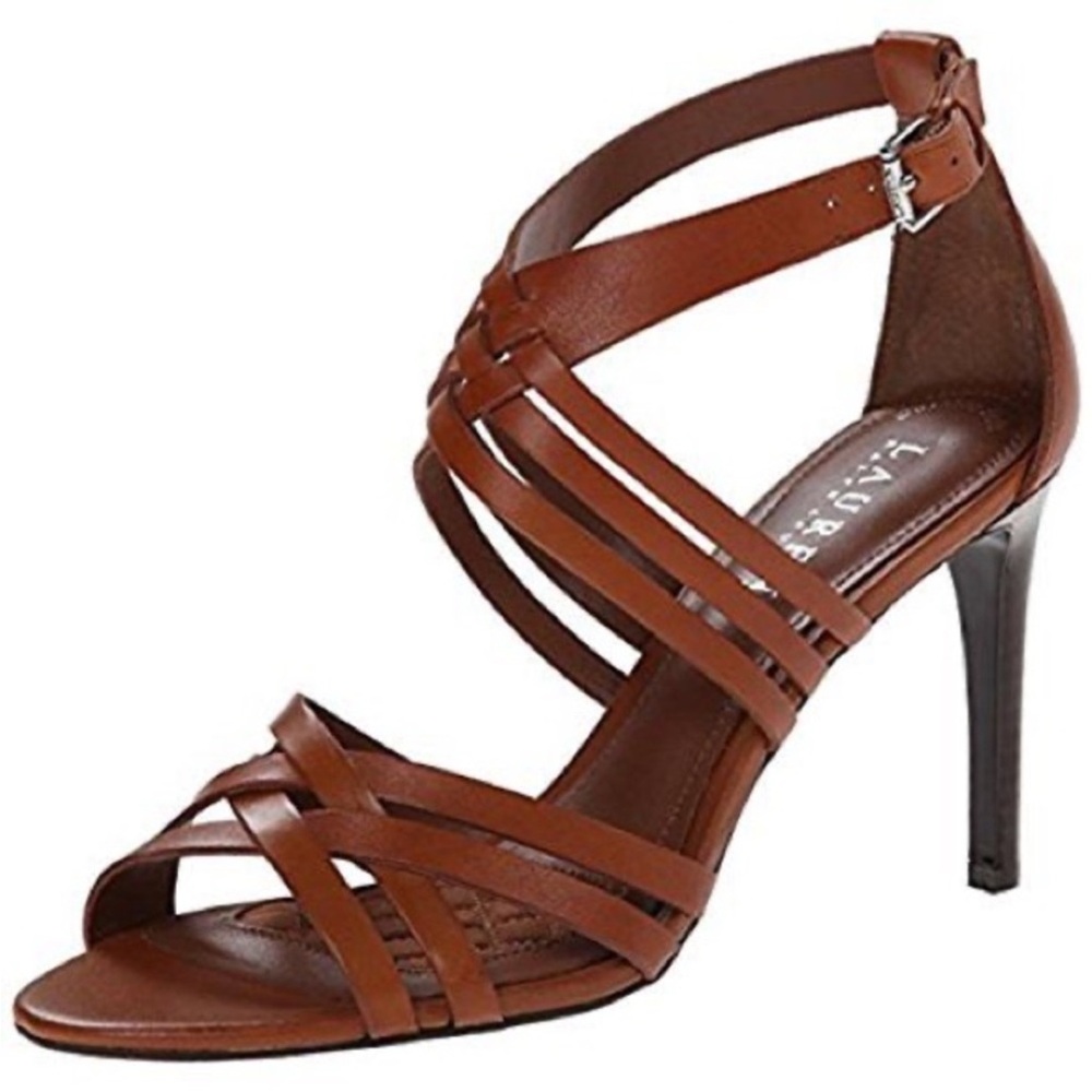 Lauren Ralph Lauren Saba Strappy Leather Stiletto Sandals Tan Cognac 7B - Picture 2 of 12